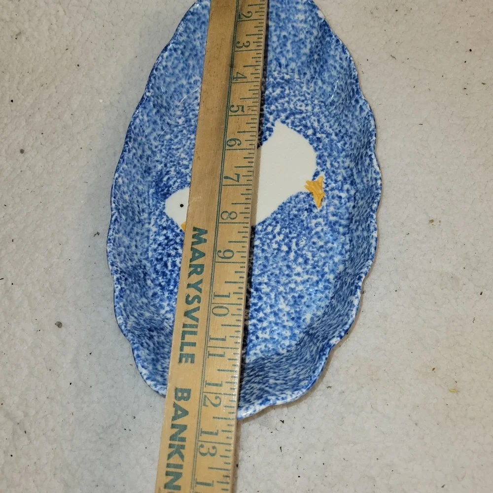 RARE‎ Gustin Co California Blue Spongeware Boat-shaped BOWL/CASSEROLE White Duck